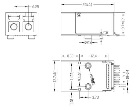 10pin 双纤LC微型USOT光模块封装尺寸图