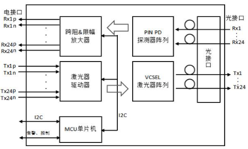 850nm 24发射24接收 POB并行光模块原理框图