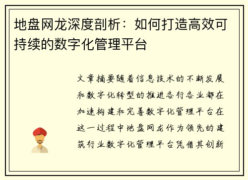 地盘网龙深度剖析：如何打造高效可持续的数字化管理平台